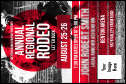 Modern Rodeo Economy Event Badge with red color blocking and 12 text fields.