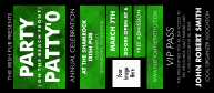 St Patricks Day Plaid VIP Event Badge Large has 19 data fields for event details.