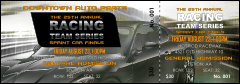 A high resolution Auto Racing Reserved Event Ticket with a grey and white image and bold yellow text