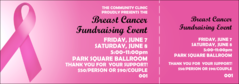 A general admission event ticket with a pink ribbon and pink in the background.