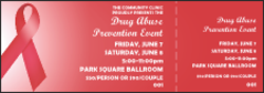 A general admission ticket with a red ribbon and red in the background.