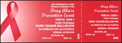 Red Ribbon Reserved Event Ticket with white text and a detachable stub