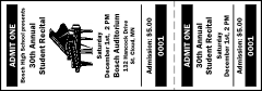 A general admission ticket in black and white without a stub with a piano on it.