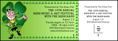 A full bleed color St. Patrick's Day General Admission Ticket with shamrock and leprechaun. This ticket does not have a stub.
