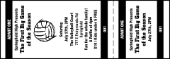 A Black and white general admission ticket with a volleyball theme