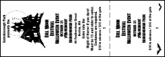 A Halloween general admission ticket in black and white with a stub.