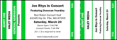 A color general admission ticket in green and white for any event.
