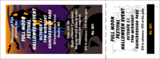A colorful Halloween general admission ticket with a haunted mansion.