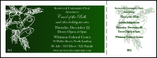 Christmas general admission ticket with white bells on a green background.