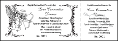 Valentine's Day B&W ticket with a cupid theme and a stub.