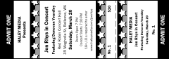 A black and white general admission ticket with stars.