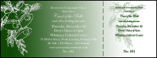 A full bleed Christmas general admission ticket with white bells on a green background.