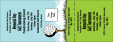A golf themed ticket with a green and blue background.