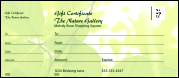Part of our Nature Series Green Leaves publicity materials, a rich, deep color gift certificate with a picture of tree and green leaves in the background.