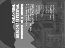 Portland Invitation printed in black and white, featuring images of an umbrella and the Hawthorne Bridge.