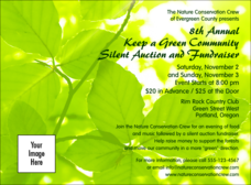 Part of our Nature Series Green Leaves Event Pack, a rich, deep color invitation with a picture of tree and green leaves in the background.