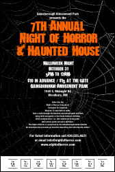 A poster with a spider web background.