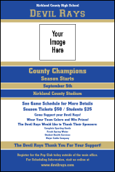 A poster with blue and gold colors.