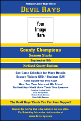 A poster with blue and yellow colors.