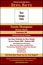 A poster with maroon and gold colors.