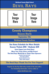 A poster with blue and gold colors.