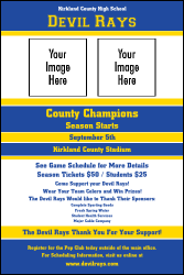 A poster with blue and yellow colors.