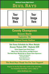 A poster with green and gold colors.
