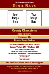 A poster with maroon and gold colors.