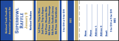 A raffle ticket with blue and gold colors.