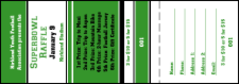 A raffle ticket in green and black colors.