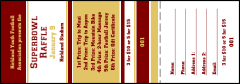 A raffle ticket in maroon and gold colors.
