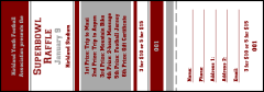 A raffle ticket in maroon and silver colors.