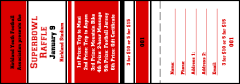 A raffle ticket in red and black colors.