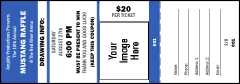 A raffle ticket with Blue and White coloring and the option to upload an image.