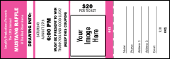A raffle ticket with Pink and White coloring and the option to upload an image.