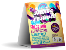 Promote 1970's themed events using the customizable Disco Dance Festival Table Tent template. Groovy design with vibrant colors and Xanadu vibe.