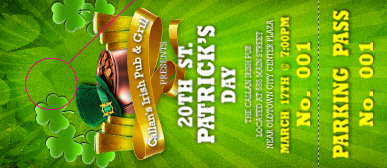 St. Patrick's Day Party Hang Tag with unique numbering and detachable stubs.