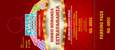 Bingo Bonanza Extravaganza Hang Tag with detachable stubs and unique numbering.
