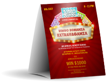 Bingo Bonanza Extravaganza Table Tent has several text lines to customize atop a casino themed background.
