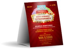 Bingo Bonanza Extravaganza Table Tent has several text lines to customize atop a casino themed background.