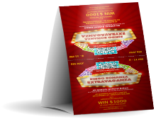 Bingo Bonanza Extravaganza Table Tent has several text lines to customize atop a casino themed background.