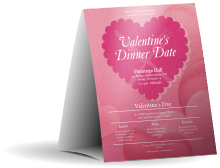Valentine's Dinner Date Table Tent with romantic pink background and customizable text.