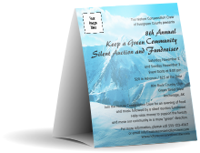 Mountain themed Table Tent with image upload and customizable text.